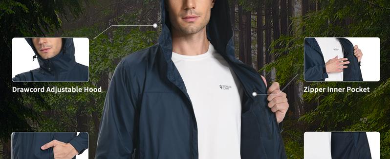 Pioneer Camp Men's Rain Jacket Waterproof with Hood Lightweight Packable Raincoat Rain Shell for Outdoor Hiking Travel