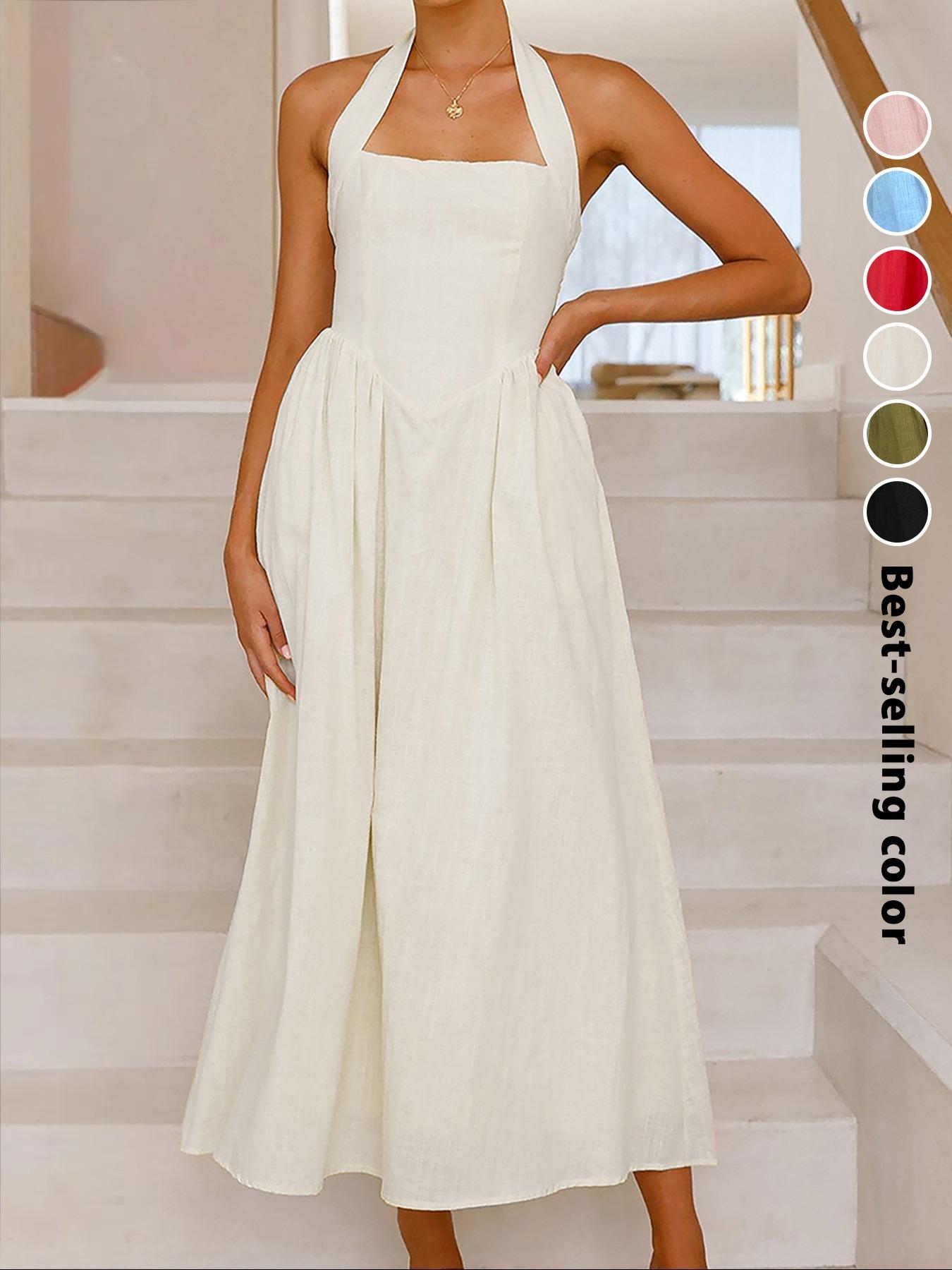 Women's Plain Pocket Zipper Back Dress, Casual Sleeveless Halter Neck A Line Dress for Summer, Ladies Clothes for Beach Holiday, Brunch Dresses, Casual Wear