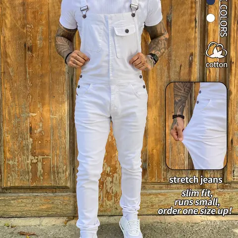1-piece men's fashionable slim-fitting stretchy jumpsuit, made of elastic denim fabric, featuring adjustable shoulder straps and pockets, workwear style suspenders, and a versatile all-season casual harem jumpsuit