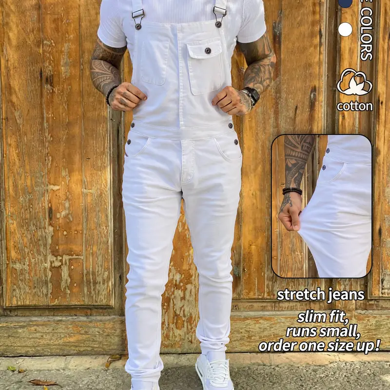1-piece men's fashionable slim-fitting stretchy jumpsuit, made of elastic denim fabric, featuring adjustable shoulder straps and pockets, workwear style suspenders, and a versatile all-season casual harem jumpsuit