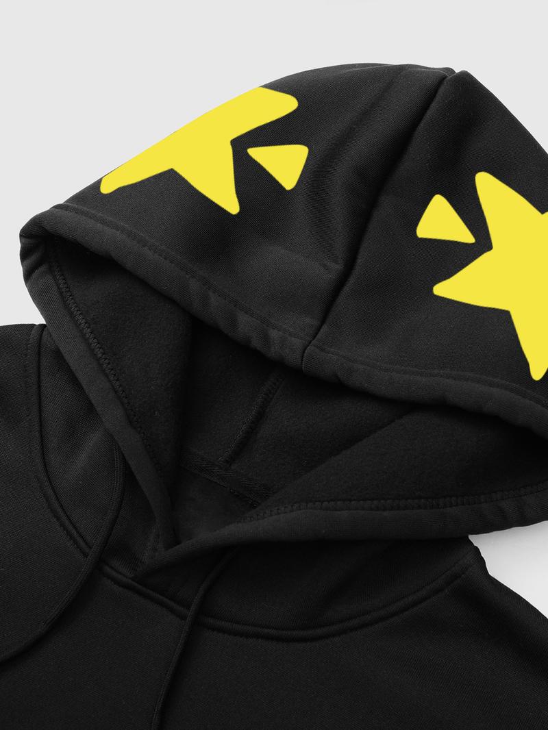 Men's Black HEROZ Graphic Drop Shoulder Hoodie with Yellow Star Hood and Sleeve Details, Streetwear Long Sleeves Top, for Urban Fashion