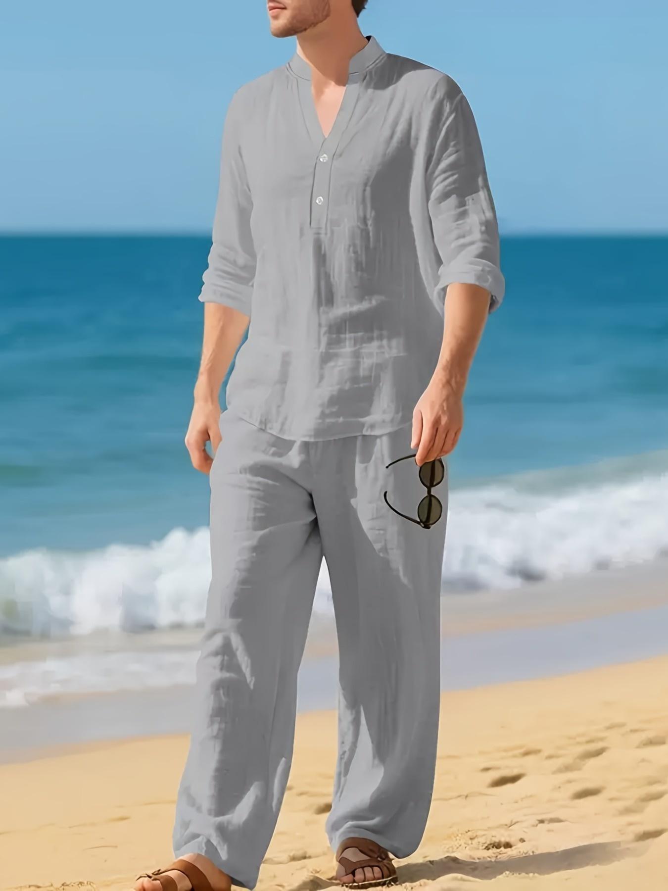 Men's 2-Piece Linen Pajamas & Loungewear Set - Long Sleeve, V-Neck, Loose, Breathable, Casual Menswear for Autumn, Winter