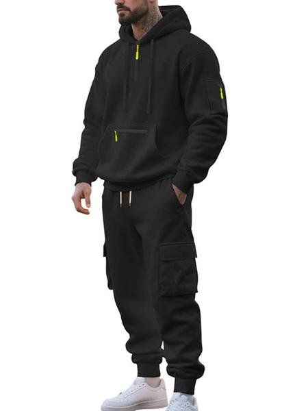 Men's Winter Heavyweight Fleece-Lined Casual Set, Loose Fit Sporty Multi-Pocket Workwear Suit, Warm & Comfortable Two-Piece Set
