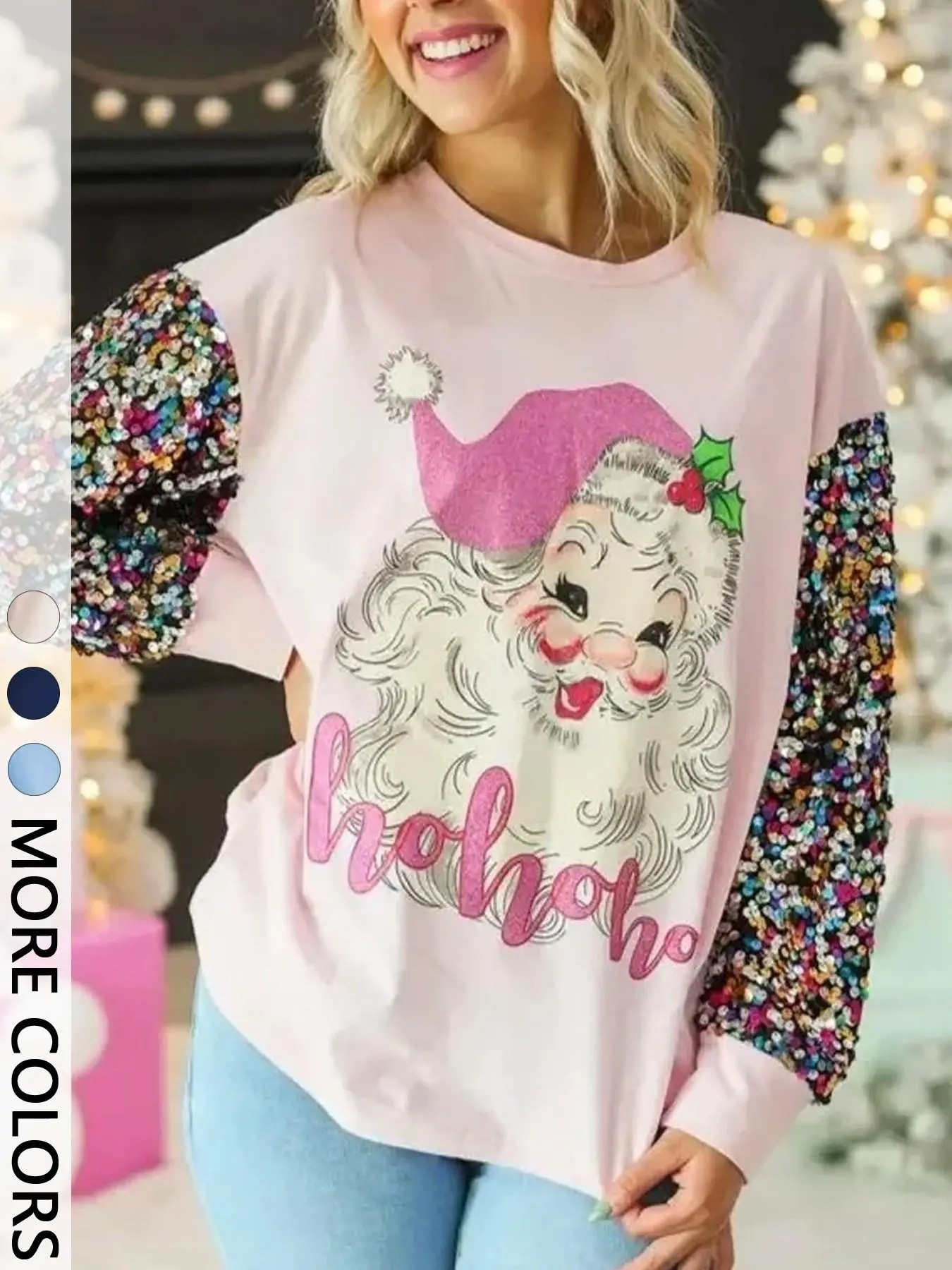 【Black Friday】Women’s Holiday Graphic Sweatshirt with Multicolor Sequin Patchwork Long Sleeves, Casual Loose-Fit Top for New Year and Christmas