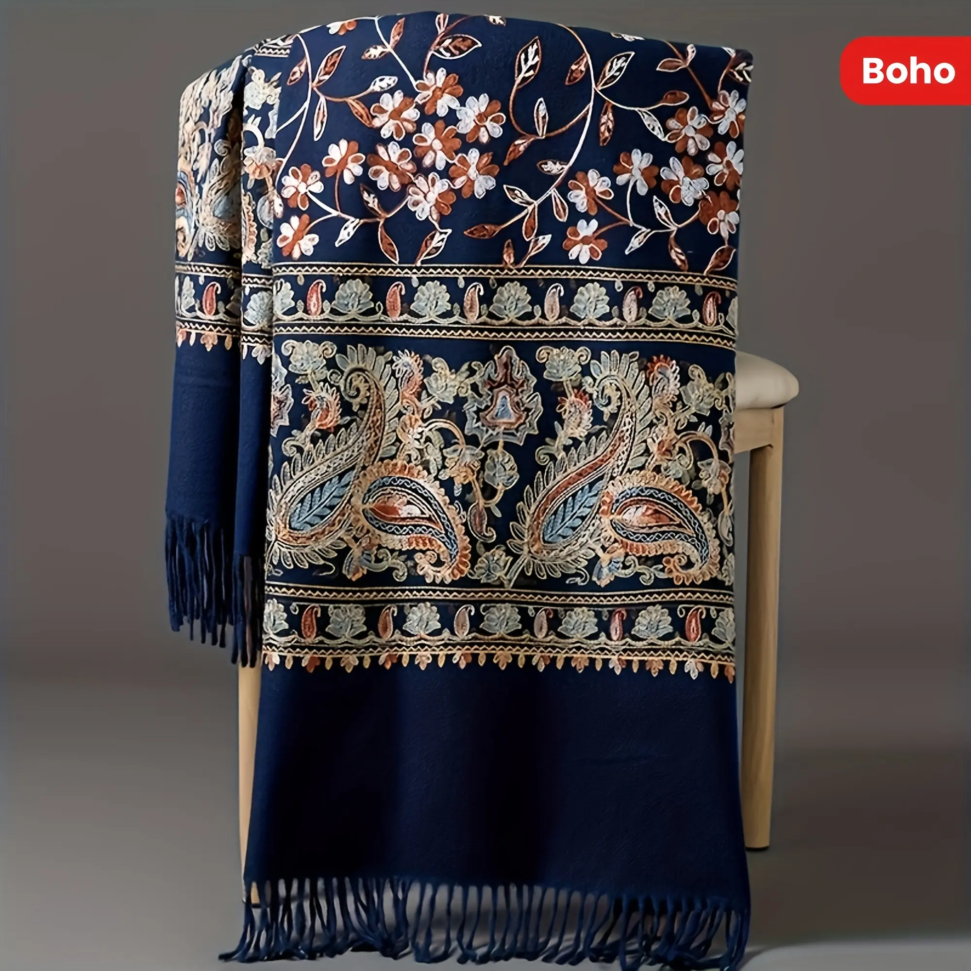 Women' Bohemian Cashmere Shawl Scarf - Vintage Paisley Embroidery Suitable for Spring/Fall, Lightweight Warmth with Tassel Trim, Navy/Orange/White Retro, Hand Washable for Casual & Outfits (Multi-Color Options)
