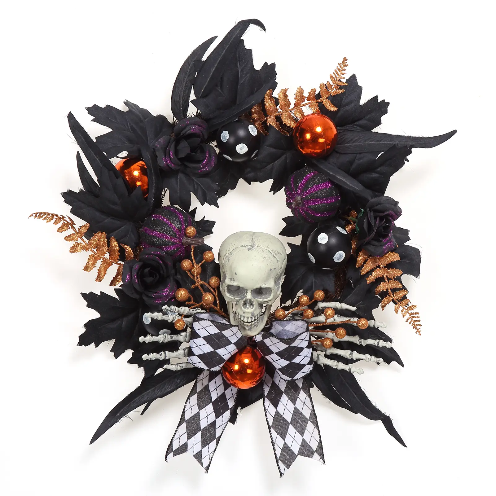 Garvee 20-Inch Halloween Skeleton Decorative Wreath for Front Door - Black Feathers, Maple Leaves & Roses - Spooky Gothic Wall/Porch Party Decor - Black & White Plaid Bow
