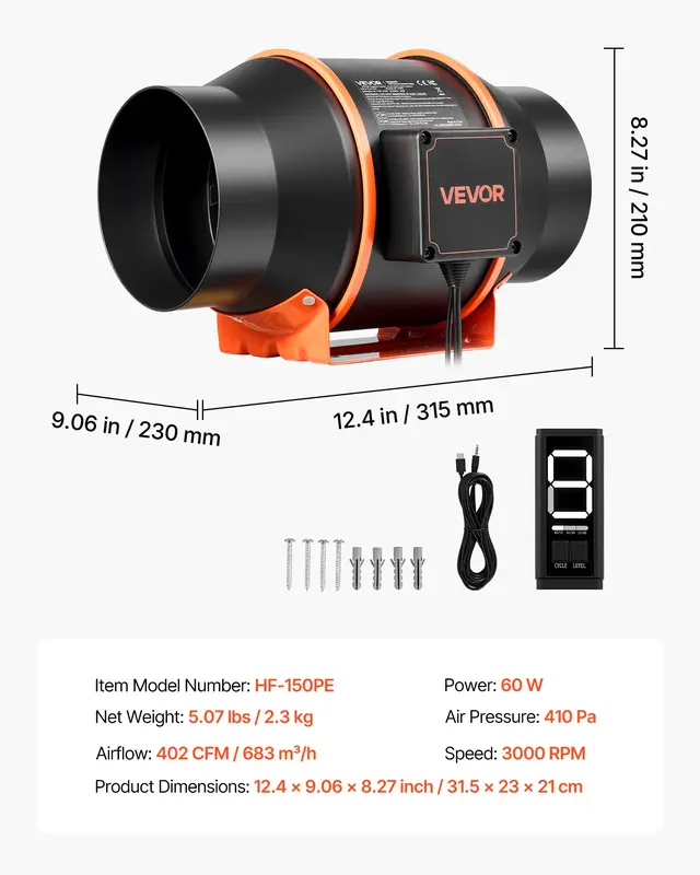 VEVOR 6-Inch EC Motor Inline Duct Ventilation Fan, 402 CFM Airflow, Energy Efficient, 3-Speed Circulation, 10-Speed PWM Controller, Timer Control, Cooling Tool for Grow Tent Users