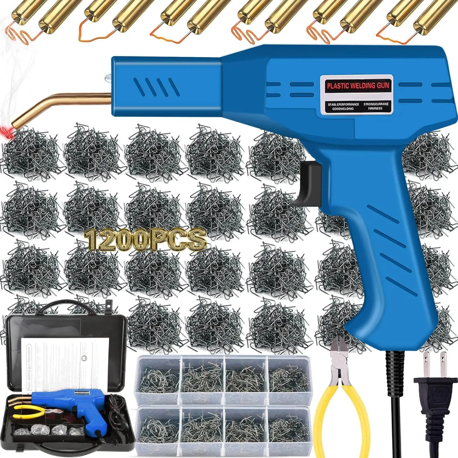 Plastic Welder Kit, 1200PCS Staples, Hot Stapler for Bumper Repair |   1200PCS Mixed Staples, Rust-Proof Stainless Steel, Portable Toolbox, Built-in LED, Ergonomic Grip, 5-Year Warranty, DIYers