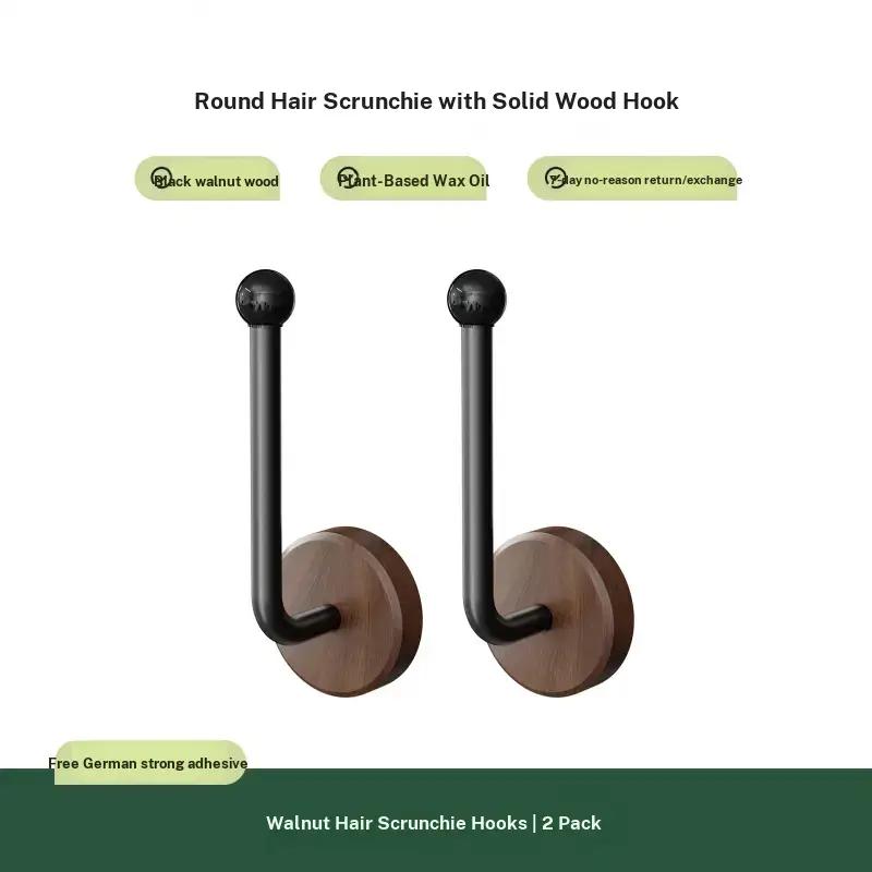 Walnut Wood Bathroom Hair Tie, No-Drill Wall-Mounted Storage Hook, Elastic Band Clip for Jewelry and Hair Accessories, Durable and Stylish Design