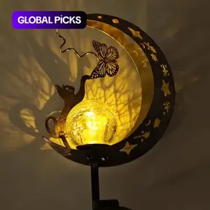 1 Pack Cat & Moon Shaped Metal Solar Light, Auto Sensor Solar Powered Outdoor Garden Decor Lamp, Landscape Lighting for Patio Yard & Holiday Gifts