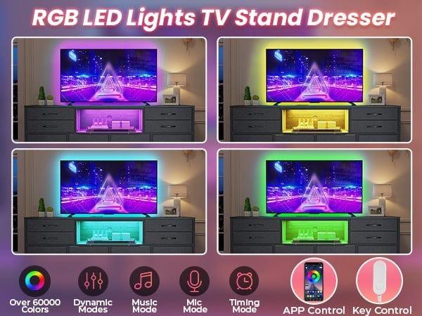 Sikaic 55 inch LED TV Stand Dresser with Power Outlets and 12 Drawers PU Black Furniture Storage Organize Living Room Modern Design Organization Organizing