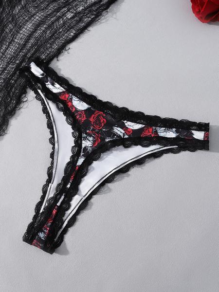 Women's Sexy Lace Trim Butterfly Print Thong Set, Fitted Design for All Seasons, Perfect Halloween Costume Underwear