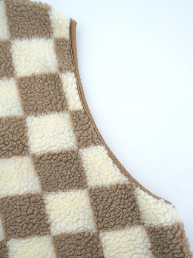 Ins style checkerboard plush vest women's autumn and winter outerwear short style shoulder retro square grid loose vest jacket top