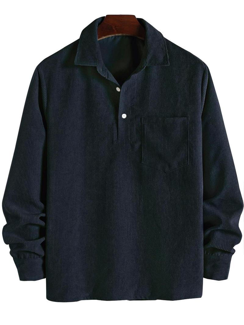 ZAFUL Men's Corduroy Shirts Solid Color Fall Half Button Long Sleeves Polo Shirt Casual Work Collared Shirt with Casual Outdoor Shirt