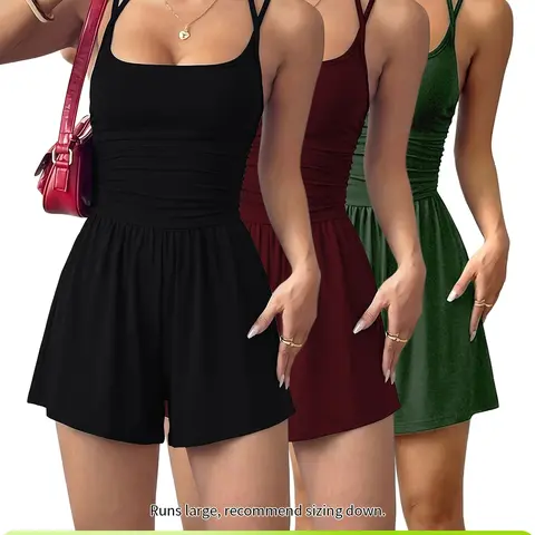 Women's 1/3-Piece Solid Color Adjustable Romper, Casual Fashion Breathable Lightweight Easy‑Care Romper for Summer, Women's Clothes for Everyday Wear