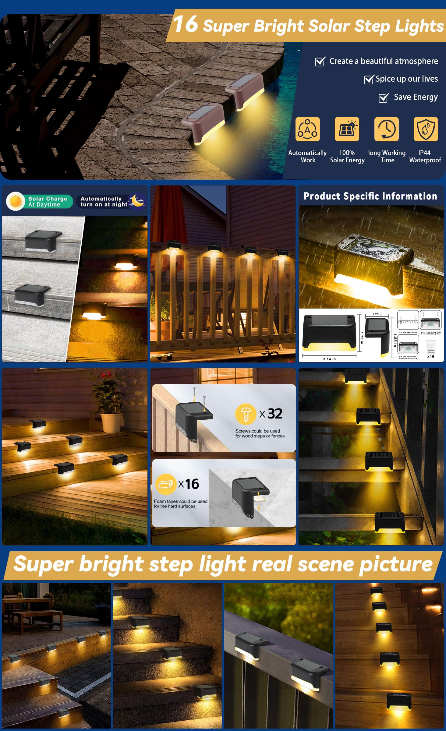 BORNERWHITE 16pack Solar Deck Lights Solar Pool Lights Waterproof Led outdoor Decorations Solar Step Lights for Outdoor Stairs,Fence,Patio,Yard，Step Garden and Pathway