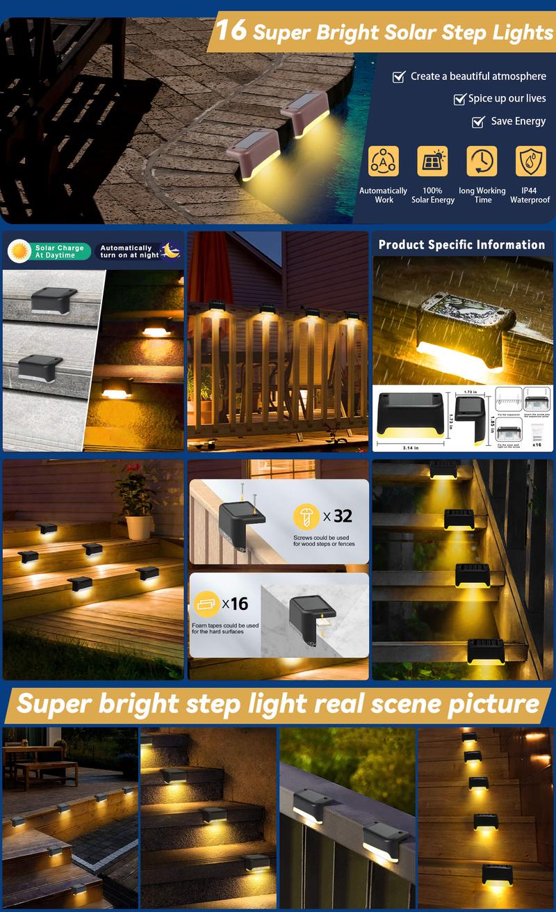 BORNERWHITE 16pack Solar Deck Lights Solar Pool Lights Waterproof Led outdoor Decorations Solar Step Lights for Outdoor Stairs,Fence,Patio,Yard，Step Garden and Pathway
