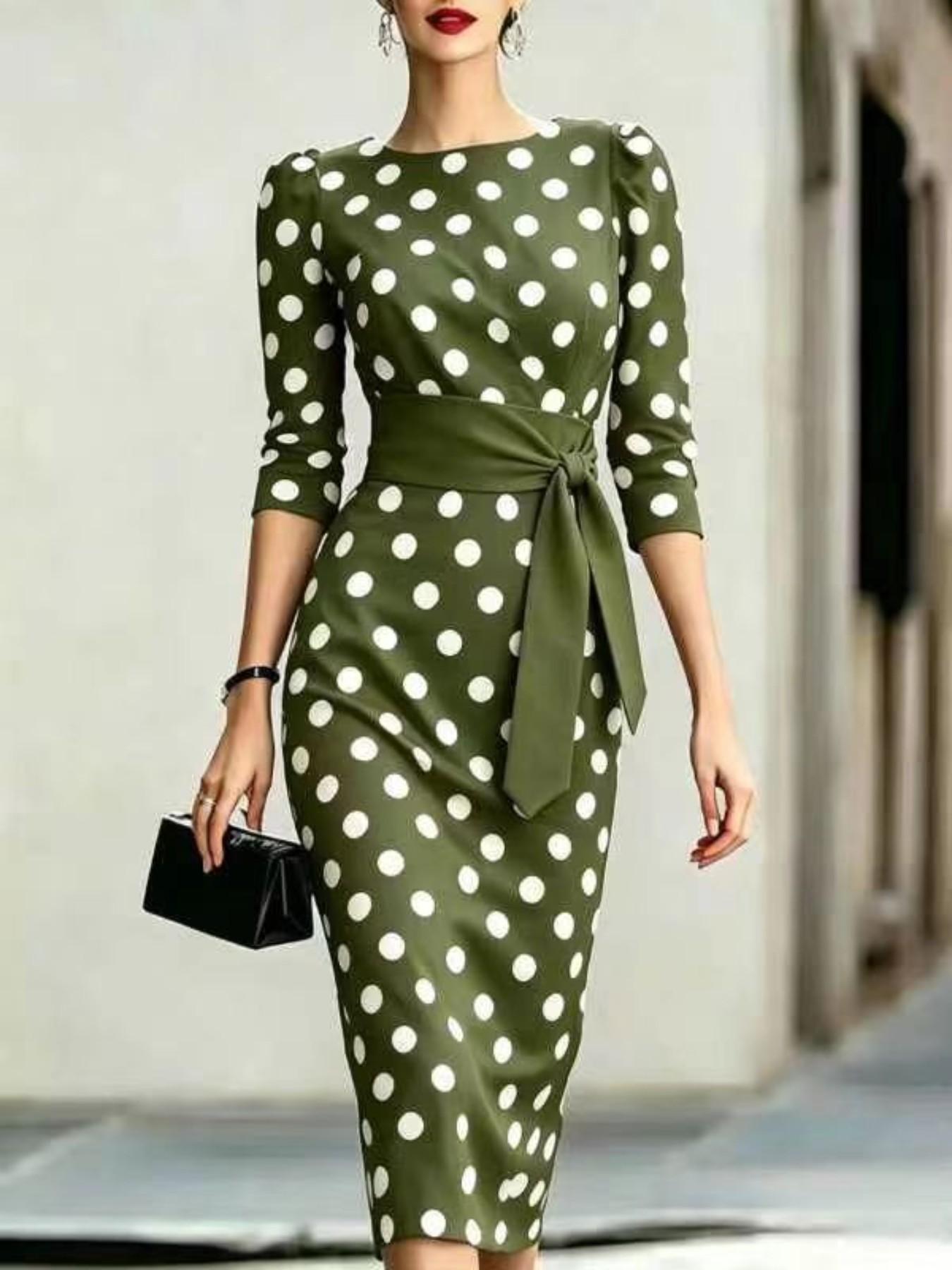 Women's Summer New Fashion Elegant Chic Polka Dot Bodycon Dress with Waist Belt, Stylish and Comfortable, Perfect for Daily Wear