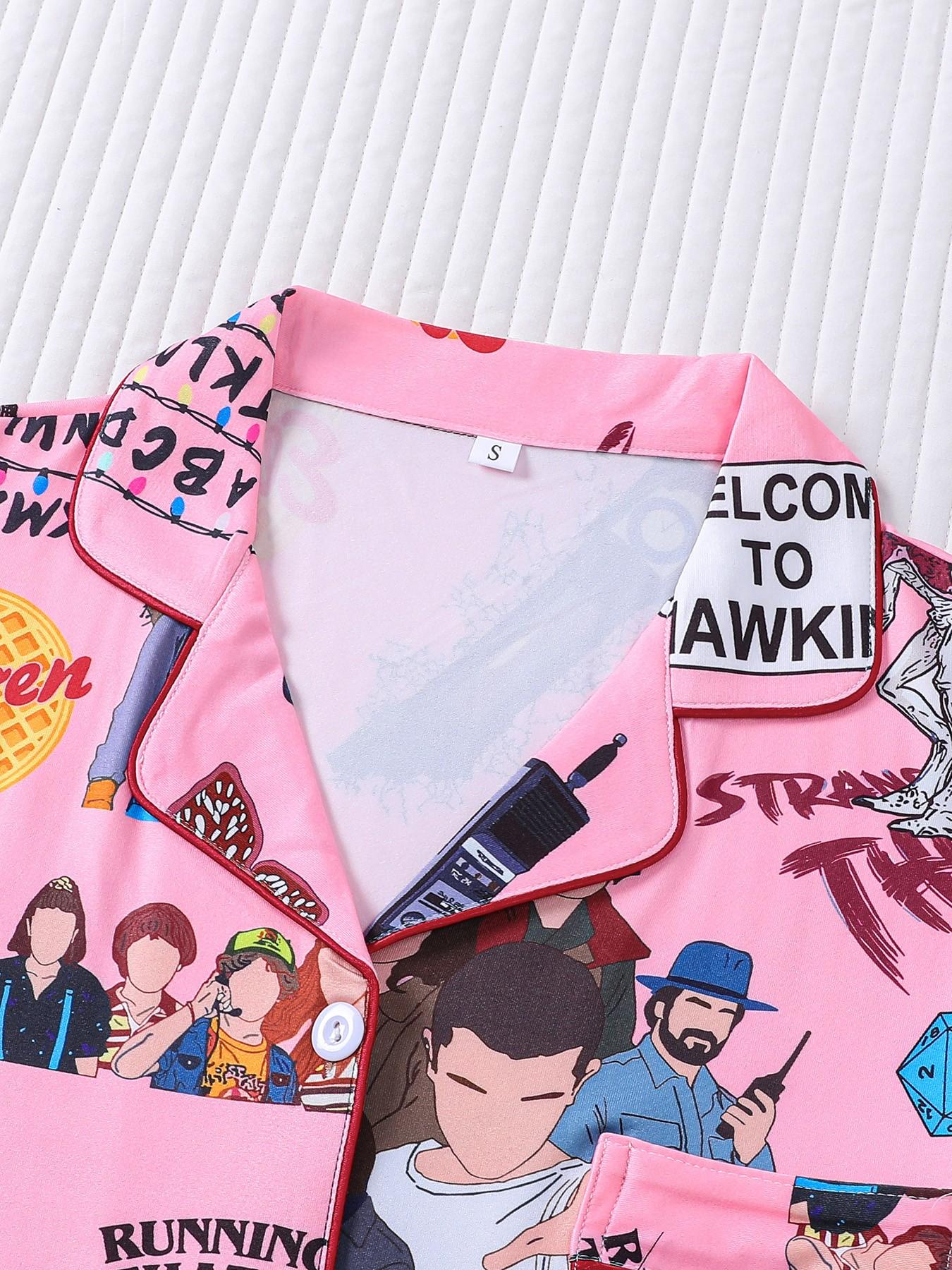 Stranger Things Cartoon All-Over Print 2-Piece Pajama Set for Women, Pink Girly Style Lapel Short Sleeve Top with Pocket & Elastic Waist Shorts, Soft Comfortable All-Season Casual Daily Loungewear Sleepwear