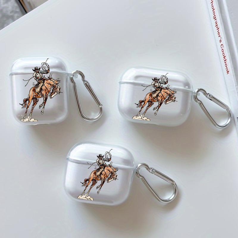 Cowboy's Wild Ride Pattern TPU Soft Protective Case for Apple AirPods 4/3/2/1/Pro/Pro2 Transparent Earphone Cover with Keychain Attachment