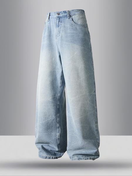 Men's Vintage Wash Tie-Dye Light Blue Jeans, Loose Straight Leg Denim Jeans, Casual Jeans, Y2K Style Streetwear, Perfect Gift for Boyfriend Husband