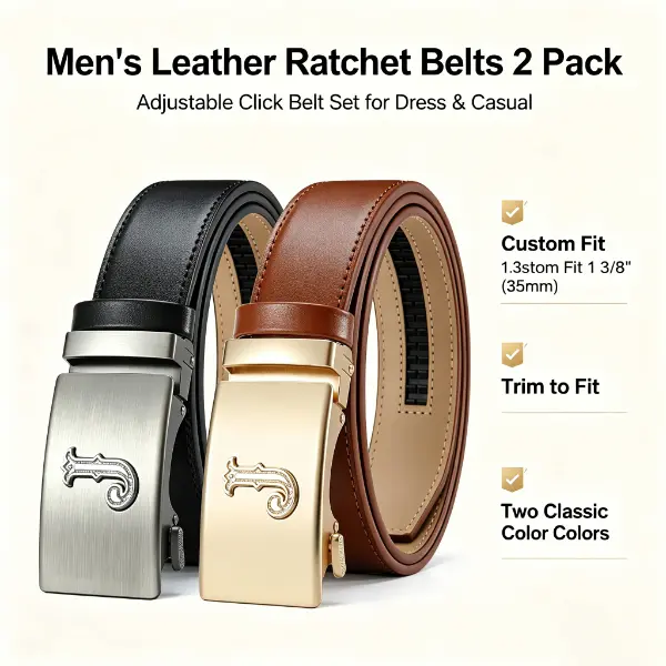 Men's Leather Ratchet Belts 2 Pack Adjustable Click Belt Set for Dress & Casual, Custom Fit 1 3/8" (35mm) -Trim to Fit