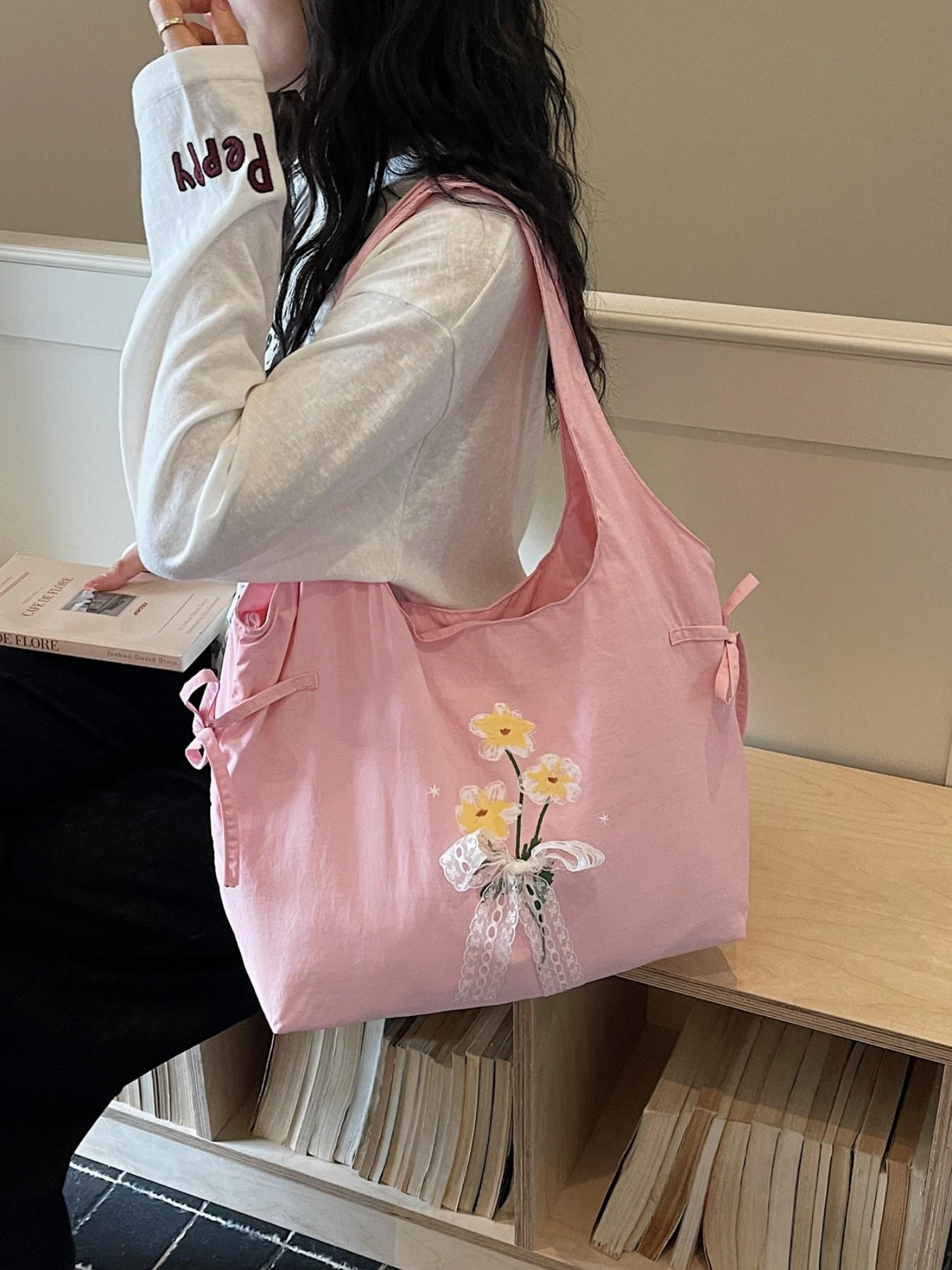 Lightweight Nylon Tote Bag, Floral Butterfly Knot Design, Casual Sweet Shoulder Bag, Ideal for Shopping and Daily Use, Perfect for Students