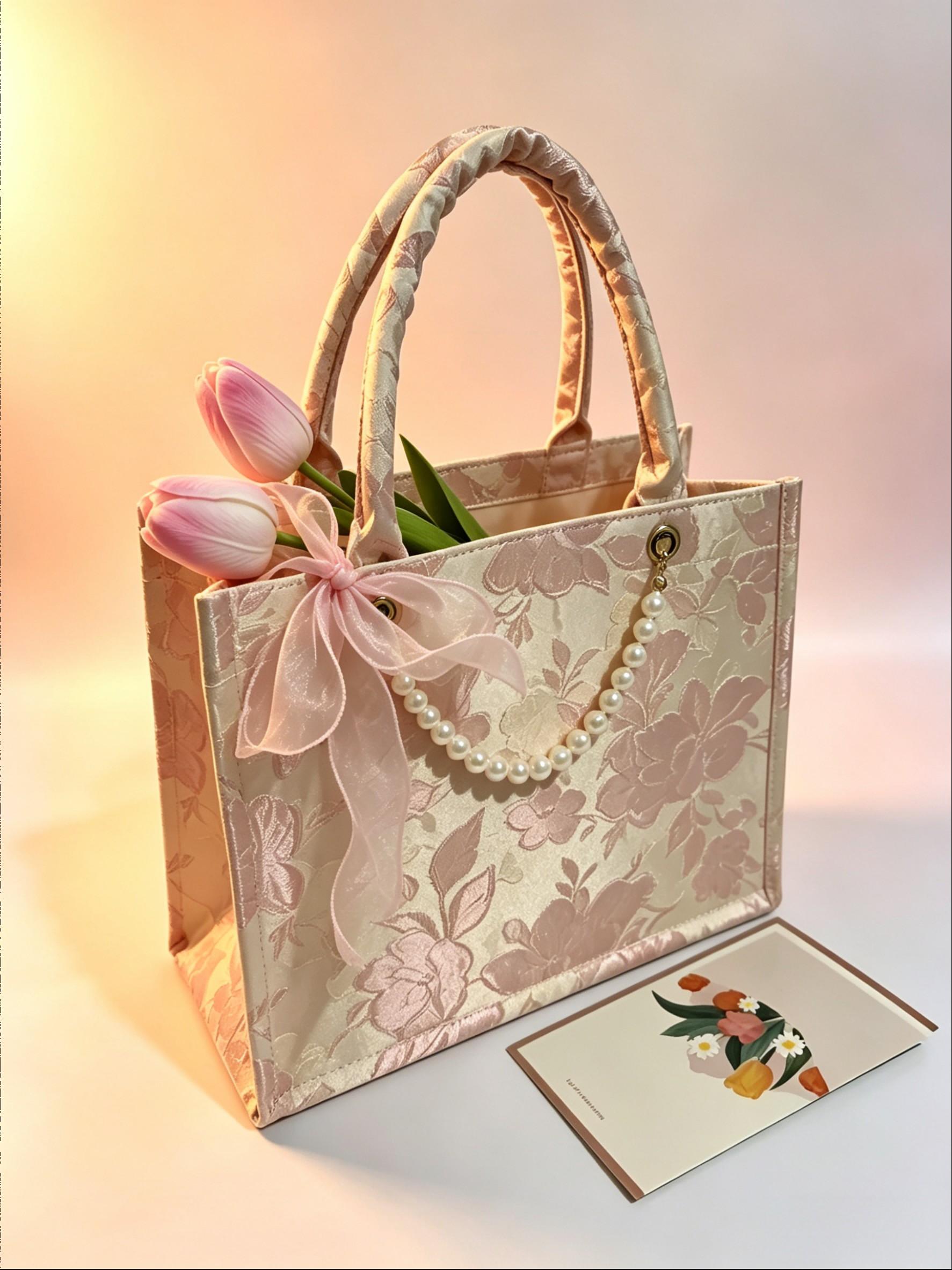 1 Set Exquisite Embroidered Gift Handbag Set with Ribbon, Tulip & Card | Vintage Floral Design Party Souvenir | Professional Gift Packaging for Festivals & Celebrations