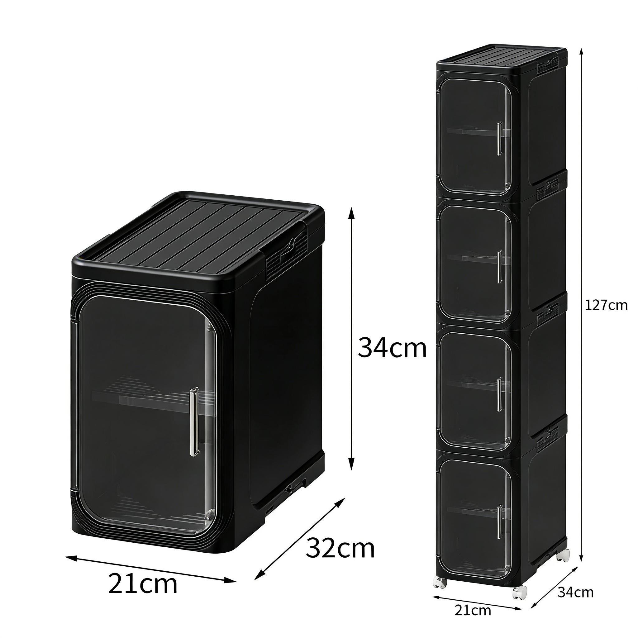 Black White Slim Storage Cabinet Transparent Visible Door Magnetic Design Foldable No Installation Swivel Wheels Small Space Saver Organizer