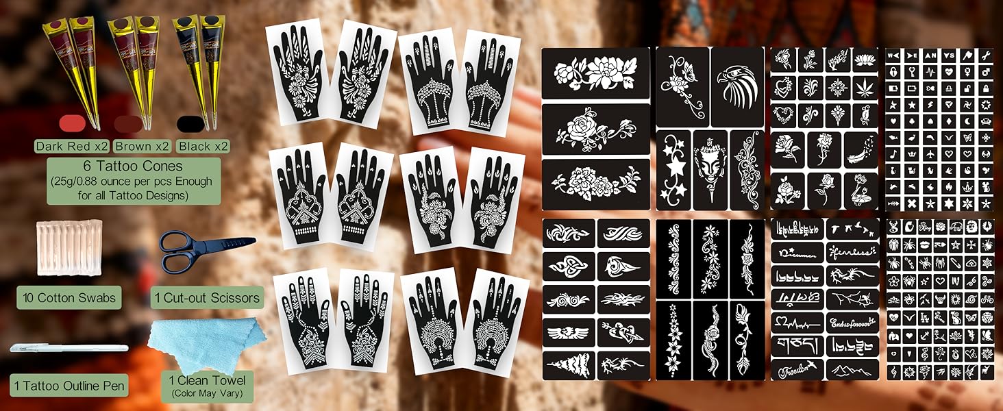 191 Pcs Temporary Tattoo Stencils Kit with 6 Tattoo Cones (2 Black, 2 Brown, 2 Dark Red), White Tattoo Outline Pen, Cotton Swabs & Towel| Perfect for Adults, Teens, Beginners, Family Fun & Parties