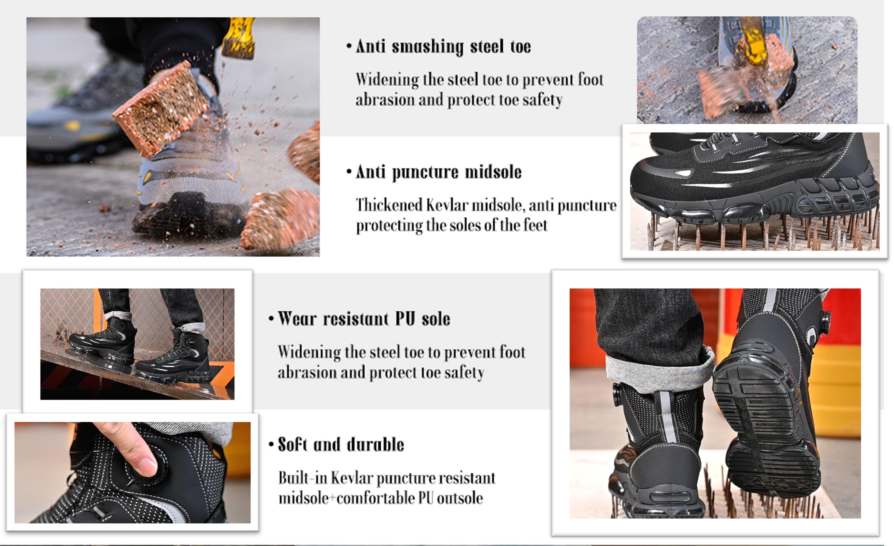 Men's Black Shoes Mid-Cut Steel Toe Puncture-Proof and Smash-Proof with Rotary Buckle Lace-Free Work Boots Non Slip Suitable for Outdoor Work Blue Collar Industrial Construction Protective New Fashion Safety Sneakers Fathersdaygift