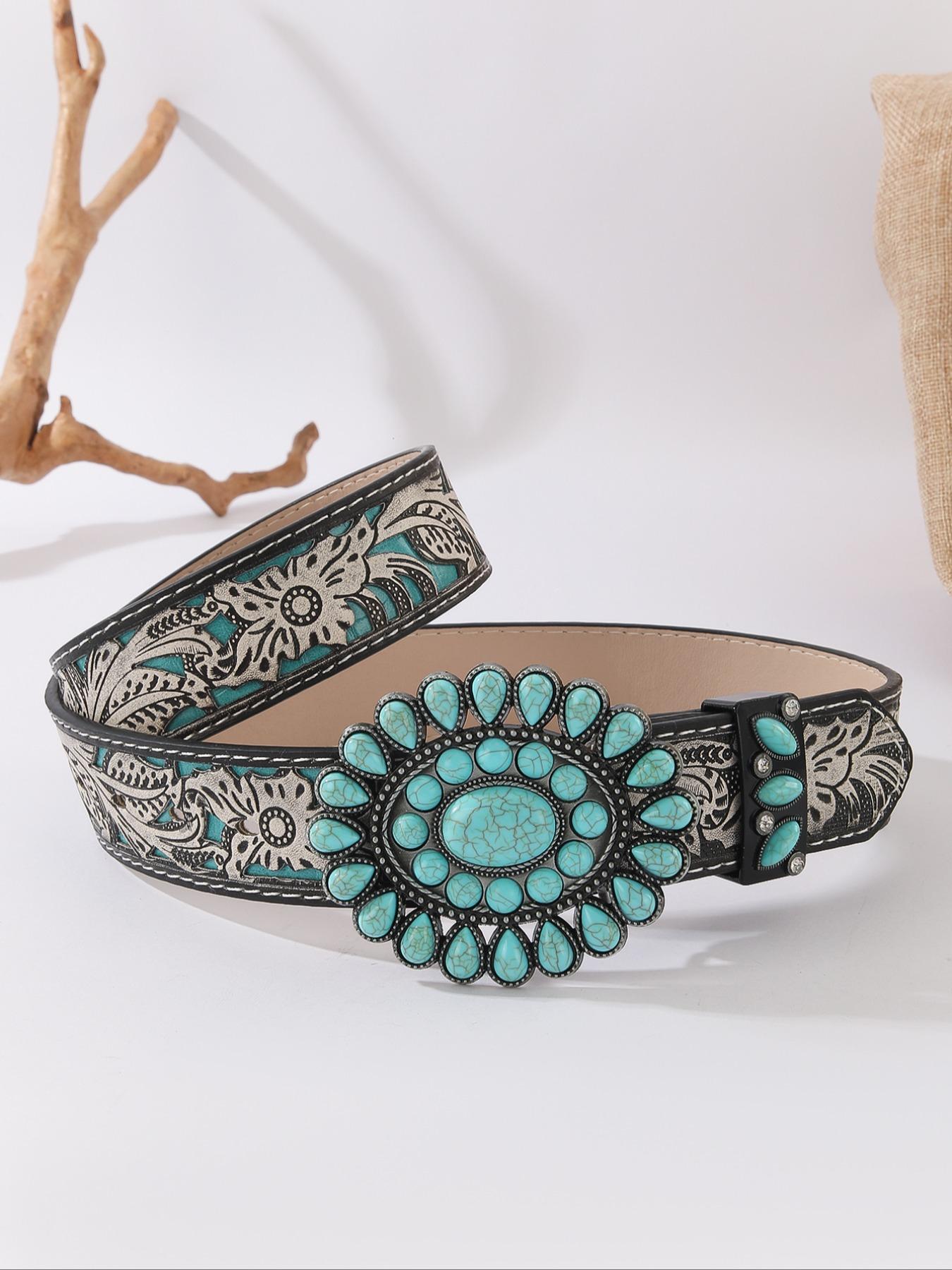 Women's Bohemian Style Waist Belt with Turquoise Alloy Buckle, Vintage Fashion Accessory for Ladies, Elegant Design for Daily Wear