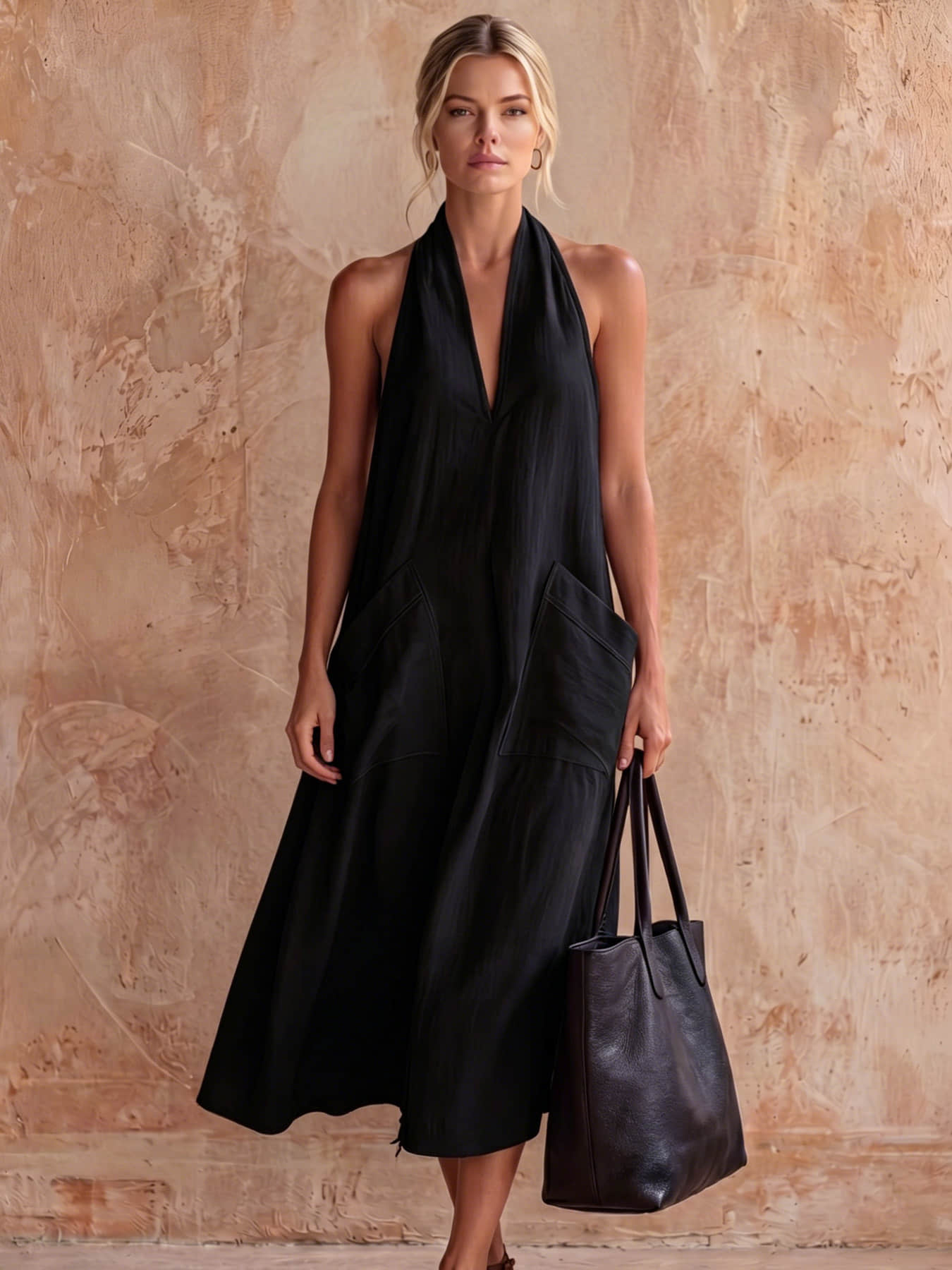A fashionable women's neck hanging V-neck dress, summer Minimalist Casual loose sleeveless mid length lazy vacation long dress beach party dress suitable for beach vacation, coffee shop relaxation, afternoon tea, daily commuting, light office banquet