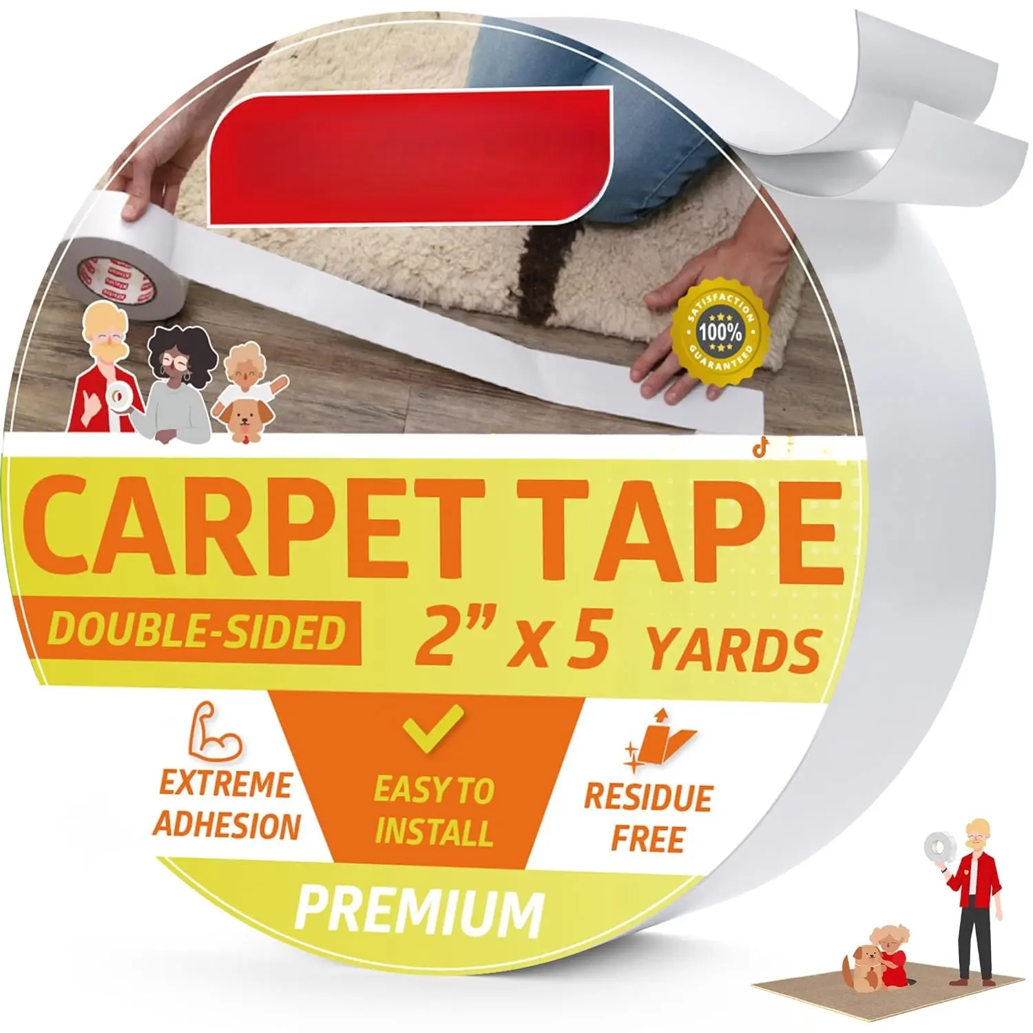Double Sided Rug Gripper Tape - 2' x 5 Yds, 3-In Core Carpet Tape for Carpet to Carpet, Hardwood Floors, High Traffic Areas, Easy to Use Area Rug Tape
