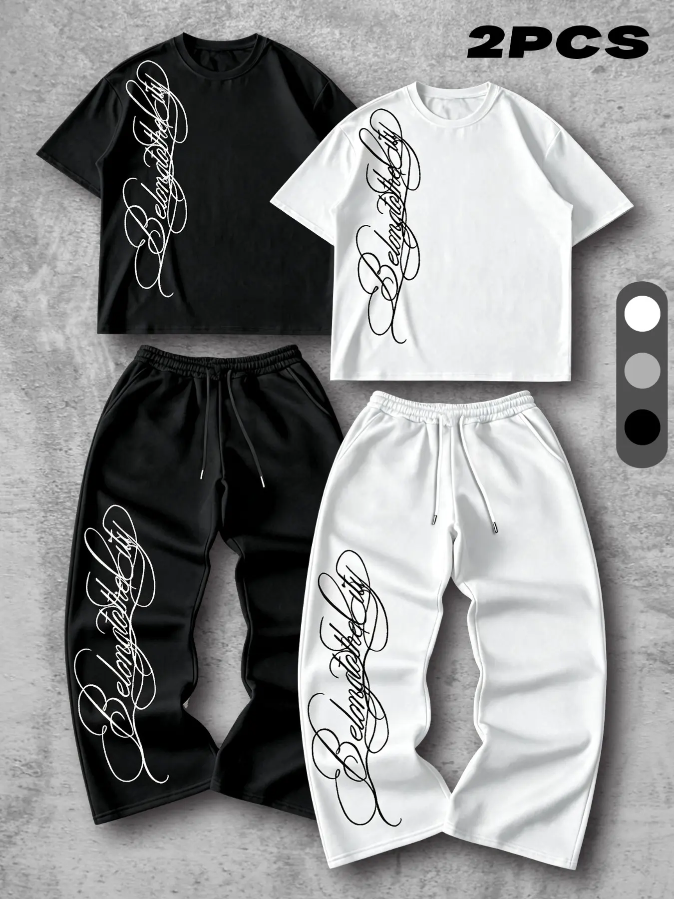 Men Women Short Sleeve T-Shirt Wide Leg Sweatpants 2PCS Tracksuit, Vintage Cursive Letter Graphic Print 2 Piece Outfit Set, Y2K Casual Hip Hop Streetwear, menswear clothing, unisex fashion outfits, Daily Street Matching Suit, Relaxed Lounge Set