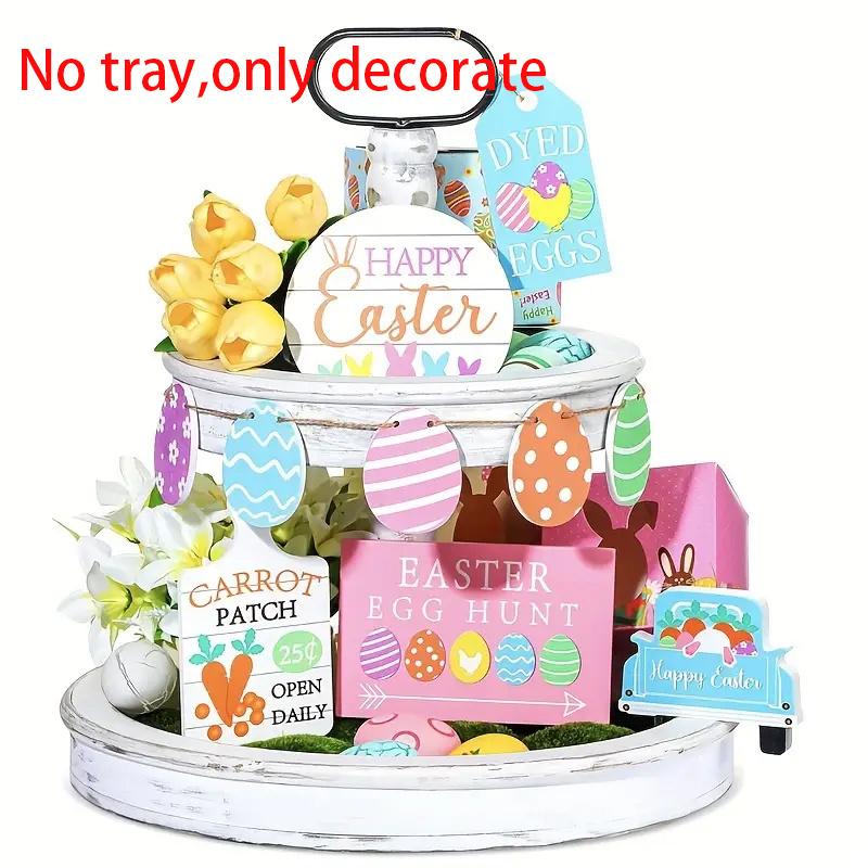 Easter Themed Tiered Tray Decoration, 1 Set Wooden Tiered Tray Decorative Ornament, Desk Centerpiece for Home Office Party