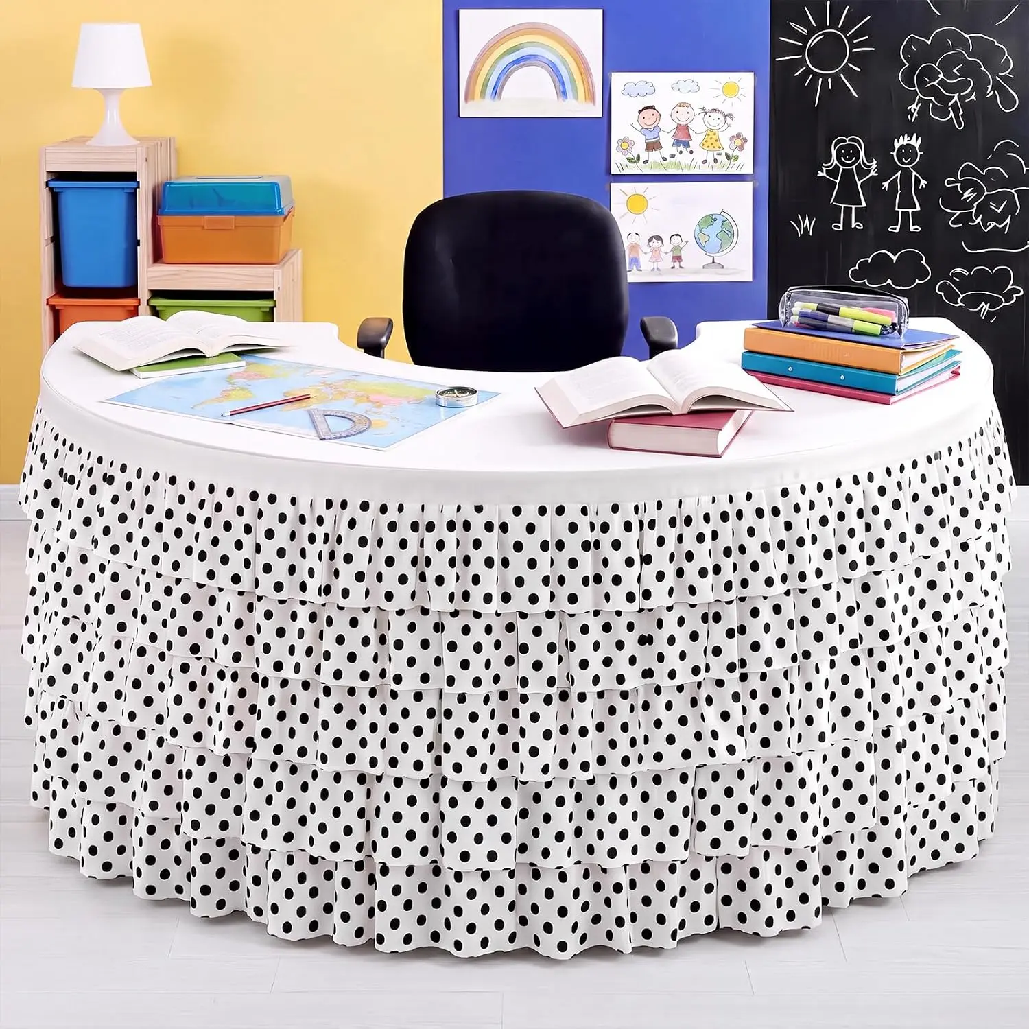 Panelee Polyester Fluffy Ruffled Edge Tutu Table Skirt - 108x30in Black/White, 72x30in Black, Desk Cover for Classroom, Office Festive Decor