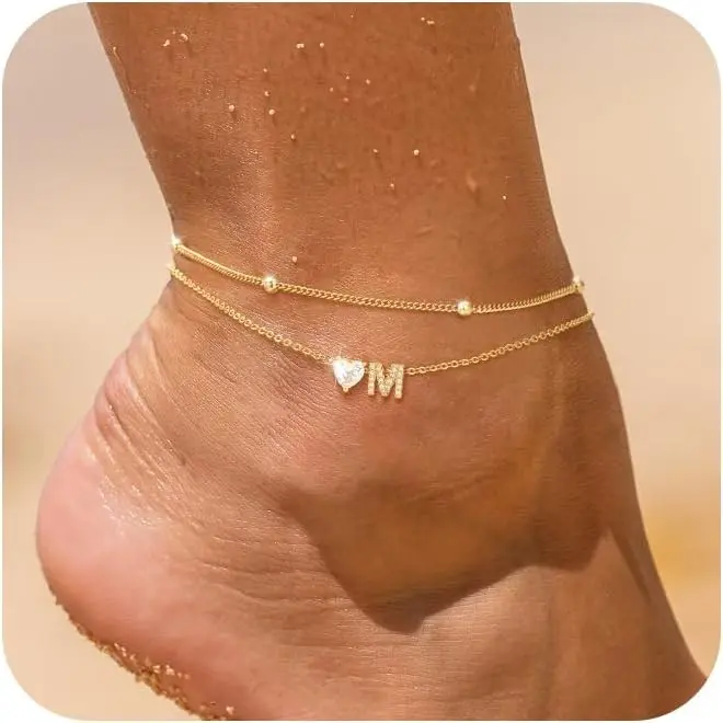 Initial Heart Diamond Anklets for Women Waterproof, Non Tarnish 14k Gold Plated Letter Ankle Bracelets Dainty, Summer Beach Bikini Jewelry Gifts for WomenGift