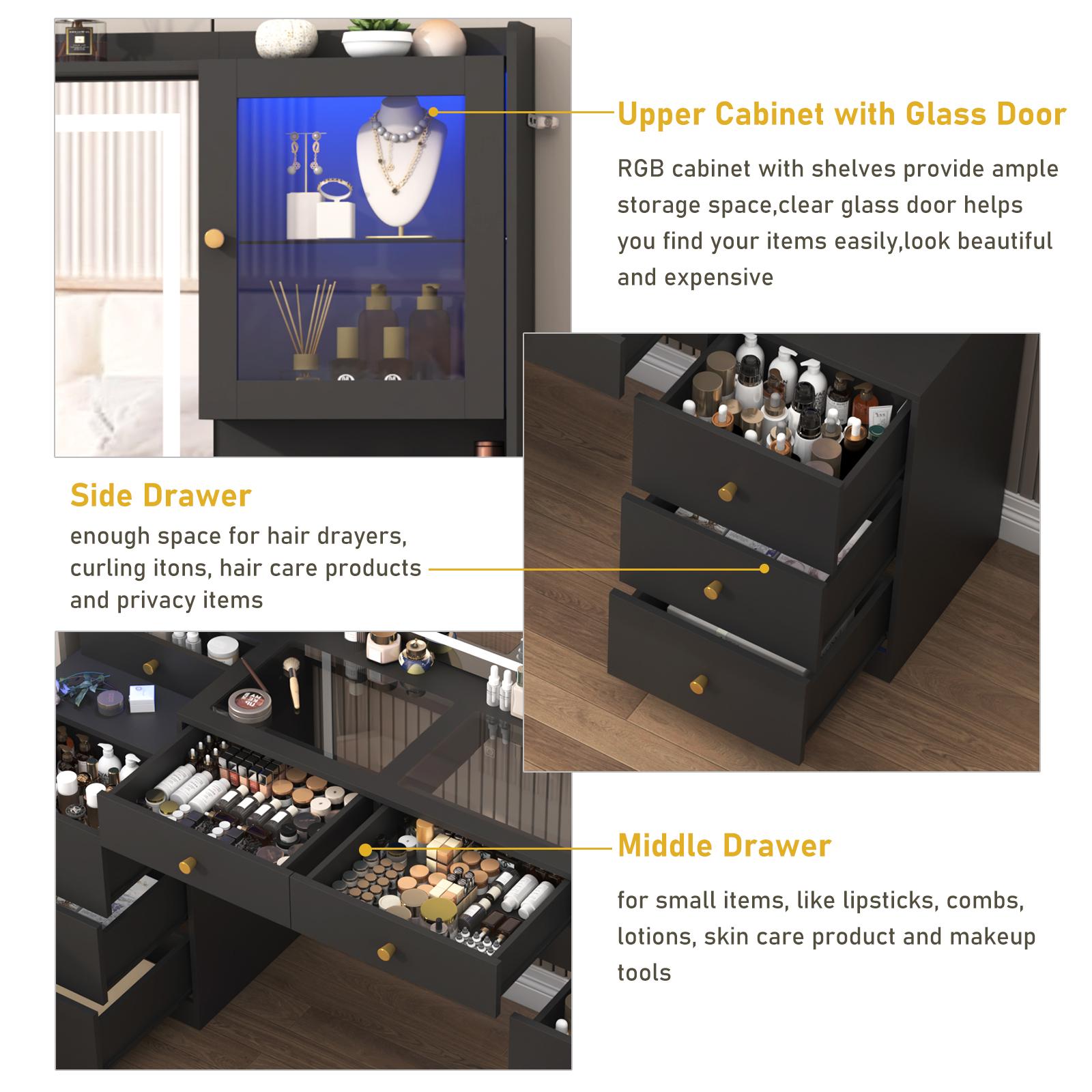 62" Large Vanity Desk w/ Tempered Glass Top,60000-color LED Lights,Power Outlet, Make up Vanity w/ 3 Lights Mode LED Mirror,2 RGB Cabinet LED Vanity Table for Women,Girls (White/Black)