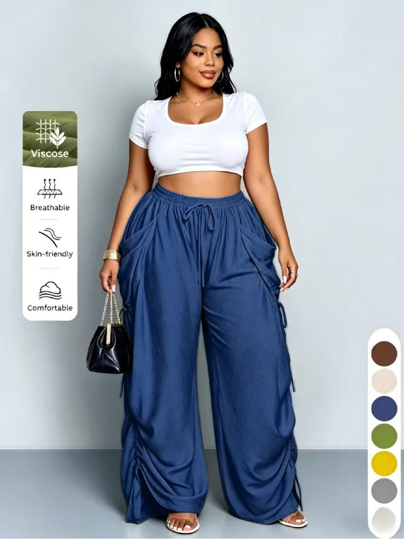 Women's Harem Pants, Casual High-Waisted, Medium Stretch, Thin Fabric, Drawstring Waist with Pockets, Versatile Street Style, Streetwear, Bottom, Casual Elastic Waisted