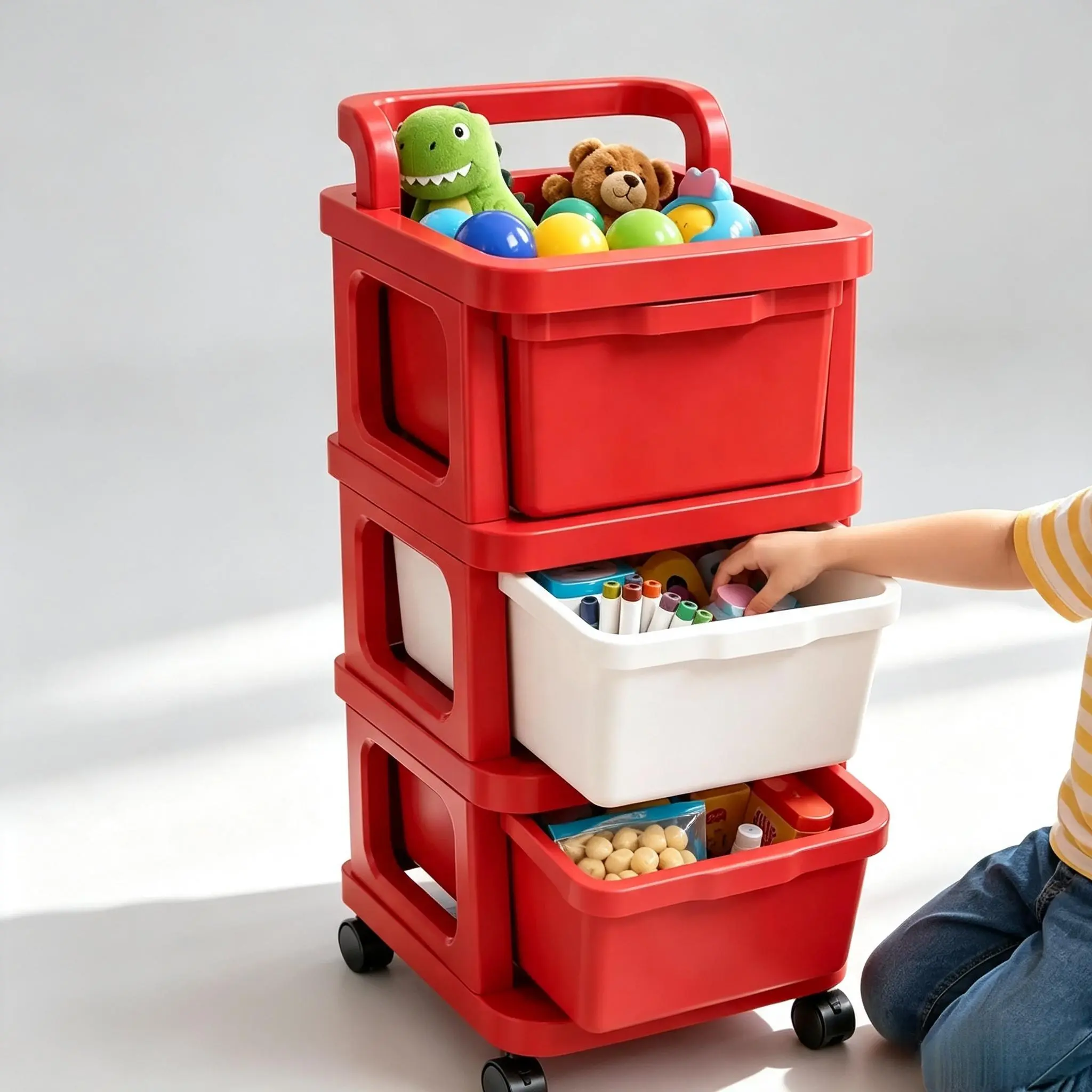 3-Tier Rolling Storage Cart with Drawers, Plastic Mobile Utility Organizer Tower with Wheels & Handle, Dustproof Snack Toy Storage Dresser Trolley, Space Saving Nightstand for Living Room Bedroom Dorm