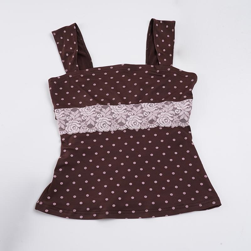 Vintage Polka Dot Print Bodycon Square Neck Vest Y2K Aesthetic Lace Patchwork Color Block Short Top Tank for Women Summer New