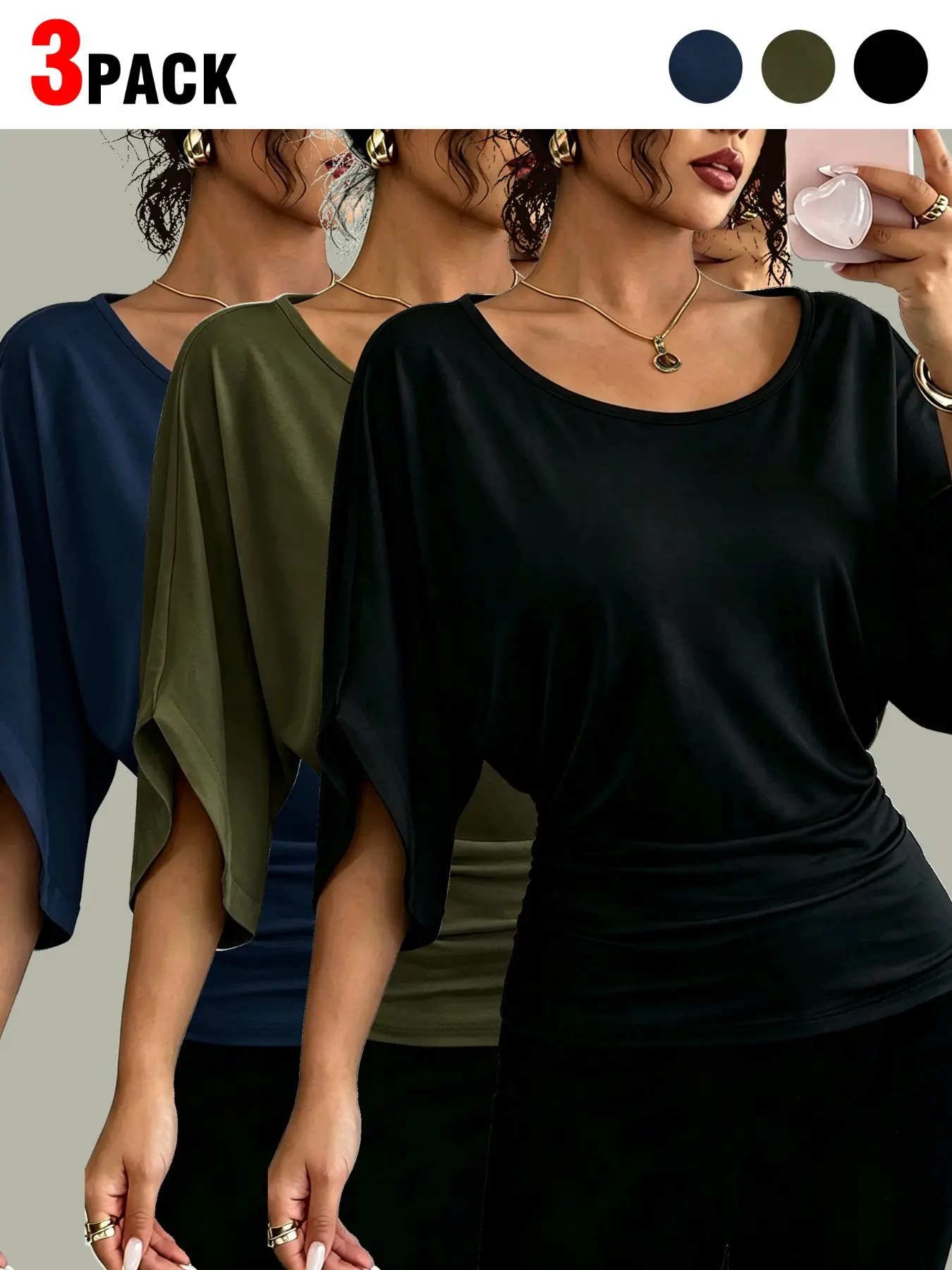 Women's Ruffle Batwing Sleeve Slim Fit T-Shirt, Casual Summer Top, Plain Round Neck, Elastic Waist, Multi-Color Options, Casual Tee Tops