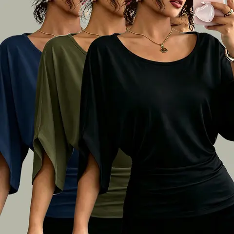 Women's Batwing Sleeve Slim Fit T-Shirt, Casual Summer Top, Plain Round Neck, Elastic Waist, Multi-Color Options, Casual Tee Shirts