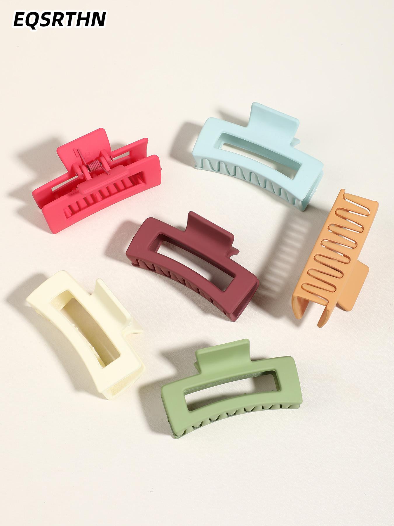 6 pcs elegant rectangular female hair clip-sweet geometric design, solid color (green, blue, white, light pink, dark purple, ginger), plastic material, very suitable for Valentine's Day or daily style, cute hair clip, Hair Claws Set