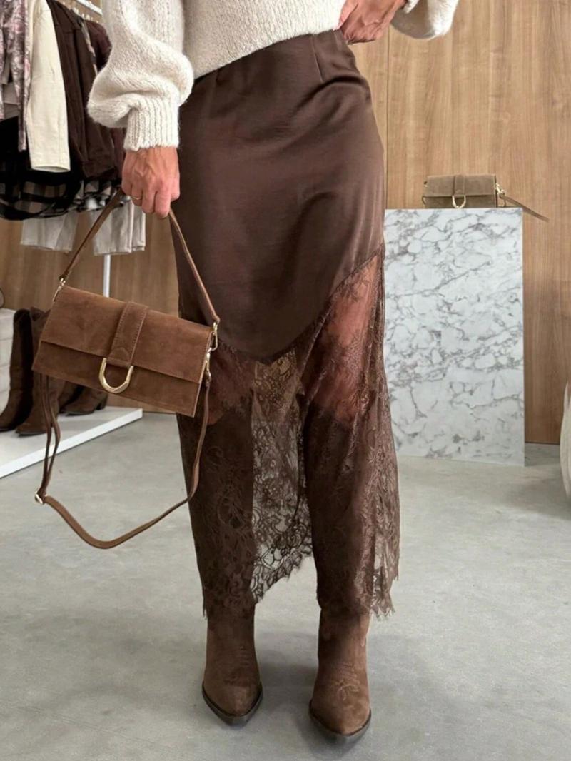 Women's Summer Spring Satin Lace Patchwork High-Waisted Skirt, Elegant Long Plain Design, Slim-Fitting Natural Waist Dress