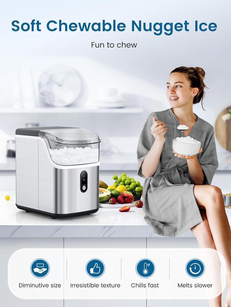 Nugget Ice Maker Countertop, Soft Chewable Nugget Ice Cubes Machine, One-Button Quick Ice Making 34Lbs/Day, Self-Cleaning, Portable Stainless Steel Ice Machine