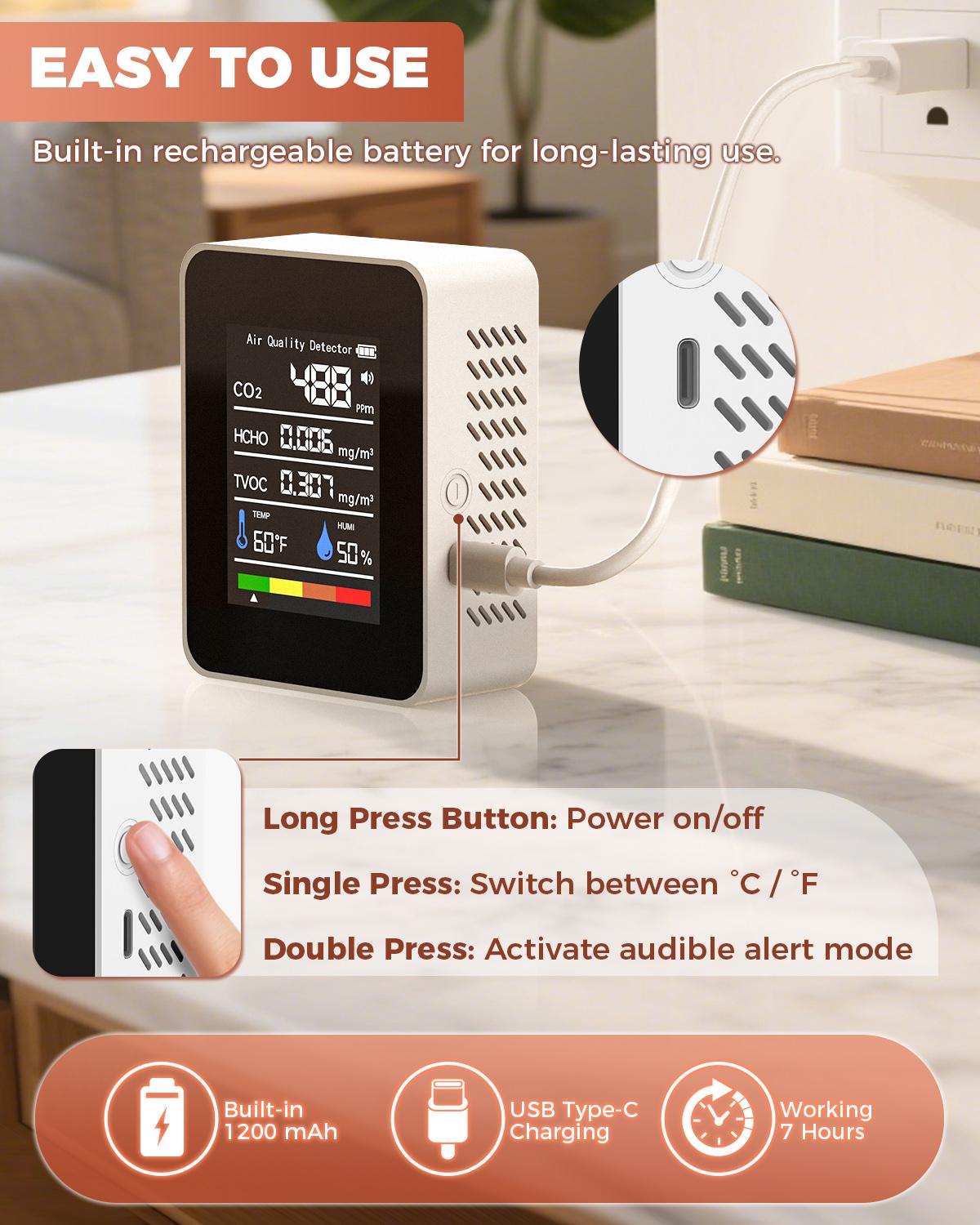 1 Unit Air Quality Monitor 5-in-1 Carbon Dioxide Meter with CO2 ,HCHO, TVOC, Temperature & Humidity Tester for Home,Travel,Grow Room,Office,Car