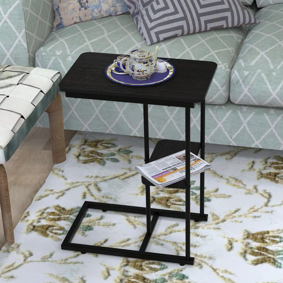 C Side Table,Natural Bed Sofa Snack End Table with Storage Basket,Portablle Laptop Holder Snack Table,Sofa Side Table,Wood Look Accent Table (ST02-BLACK-1)
