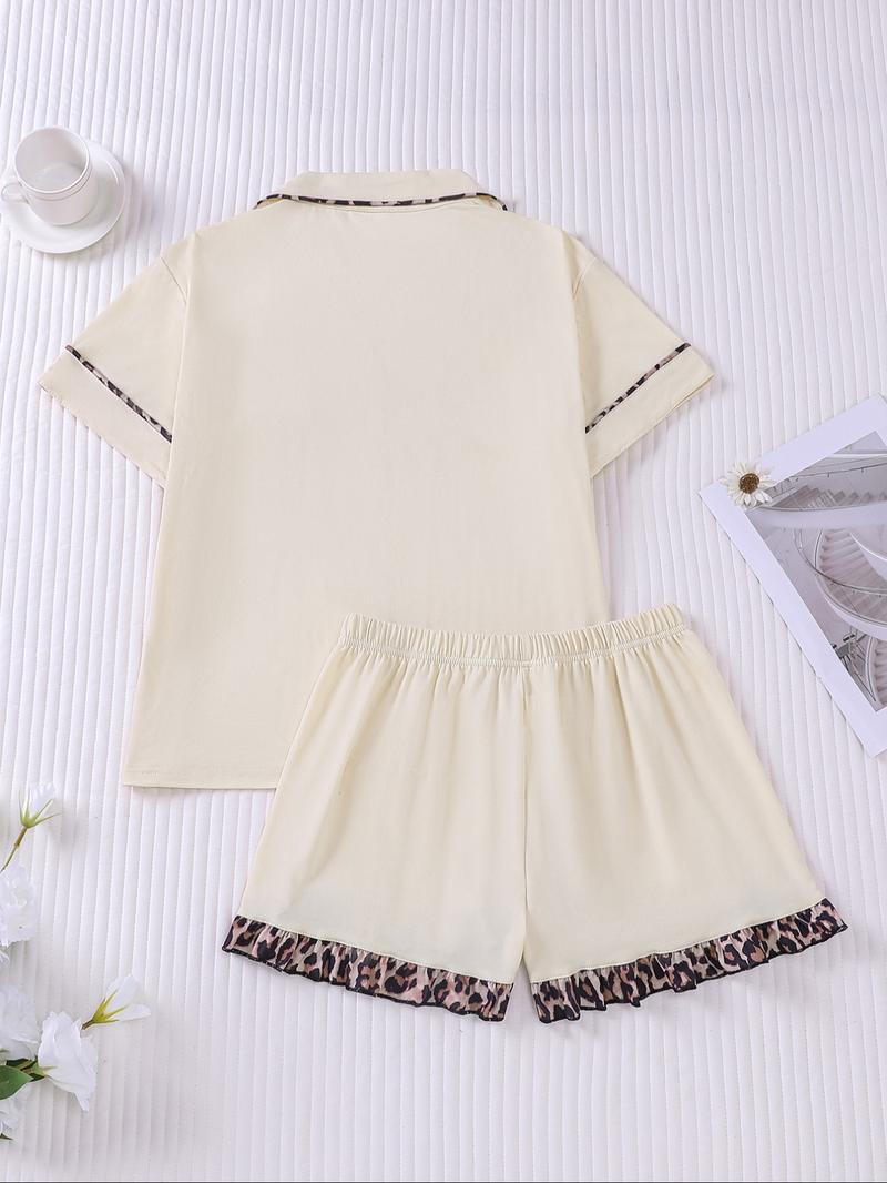 Women's Contrast Binding Pajama Two-piece Set, Short Sleeve Button Up Top & Shorts Pj Set, Casual Comfy Loungewear Set for Women, Nightwear, Casual Sleepwear Set